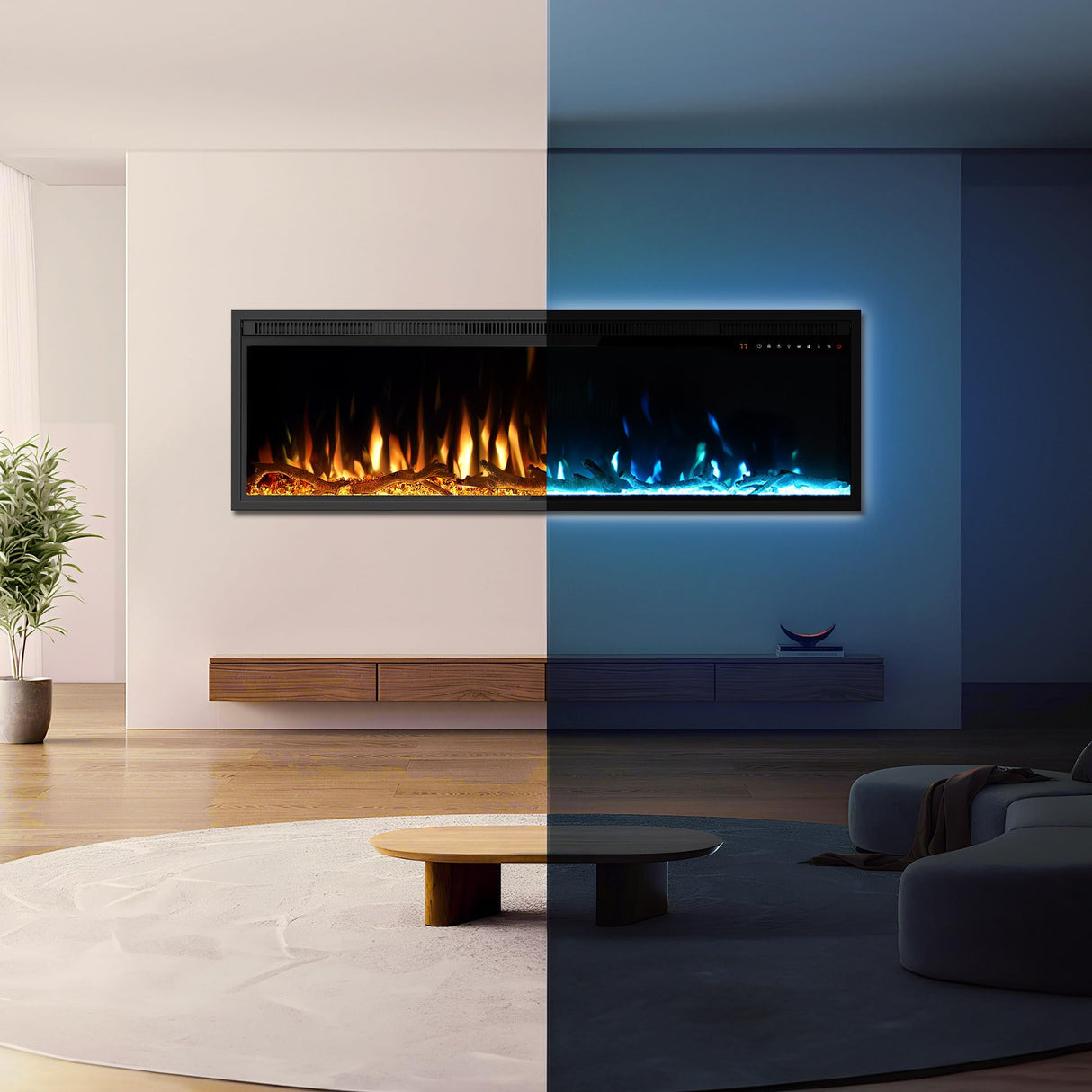 Riseon 36 Inch Electric Fireplace Heater, Recessed in-Wall and Wall-Mounted Linear Heater Fireplace,13 Adjustable Flame Color and 5 Brightness,Touch Screen & Remote Control,1500/750W, Black Riseon