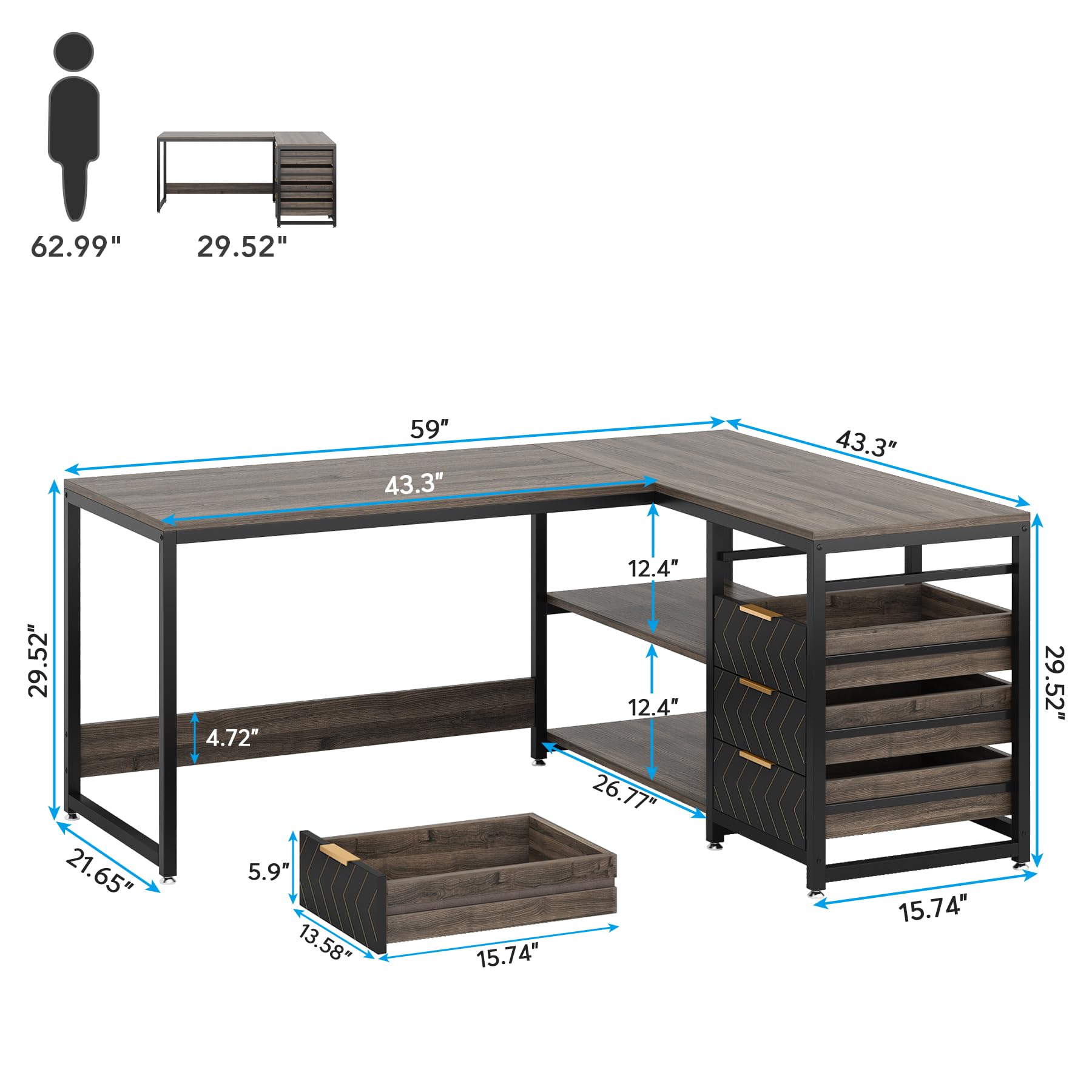 Tribesigns L Shaped Computer Desk with Storage Drawers, 59 inch Corner Desk with Shelves, Reversible L-Shaped Office Desk Writing Table Workstation for Home Office, Grey - WoodArtSupply