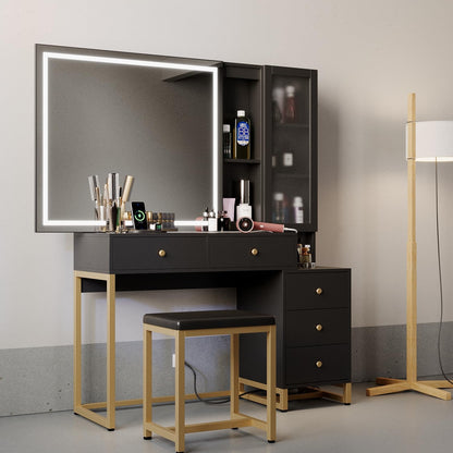 GLAUBIO Vanity Desk with Mirror and LED Lights, Makeup Vanity Desk with Sliding Lighted Mirror, Charging Station,Makeup Dressing Table with 5 Drawers, Storage Shelves & Vanity Stool for Bedro - WoodArtSupply