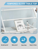 Hand Adjustable Height Drafting Table Artist Drawing Table Multifunctional Art Craft Artists Desk Tilting Glass Tabletop Glass Topped Art Desk Work Station With Stool and Chair for Home Office White CuisinSmart