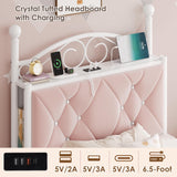 Twin Upholstered Canopy Bed Frame with Drawer & Crystal Tufted Storage Headboard Two-Purpose Metal Platform Bed with 4 Removable Posts & Charging Station Pink Princess Bed, Curtain Not Included Keyluv