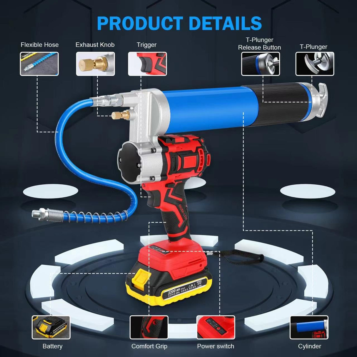 21V Electric Grease Gun with Battery*2, 12000 PSI Cordless Grease Gun Kit with Case & Accessories (Charger, Coupler Locks, tip, Hose, Cartridge Tube) Towiac