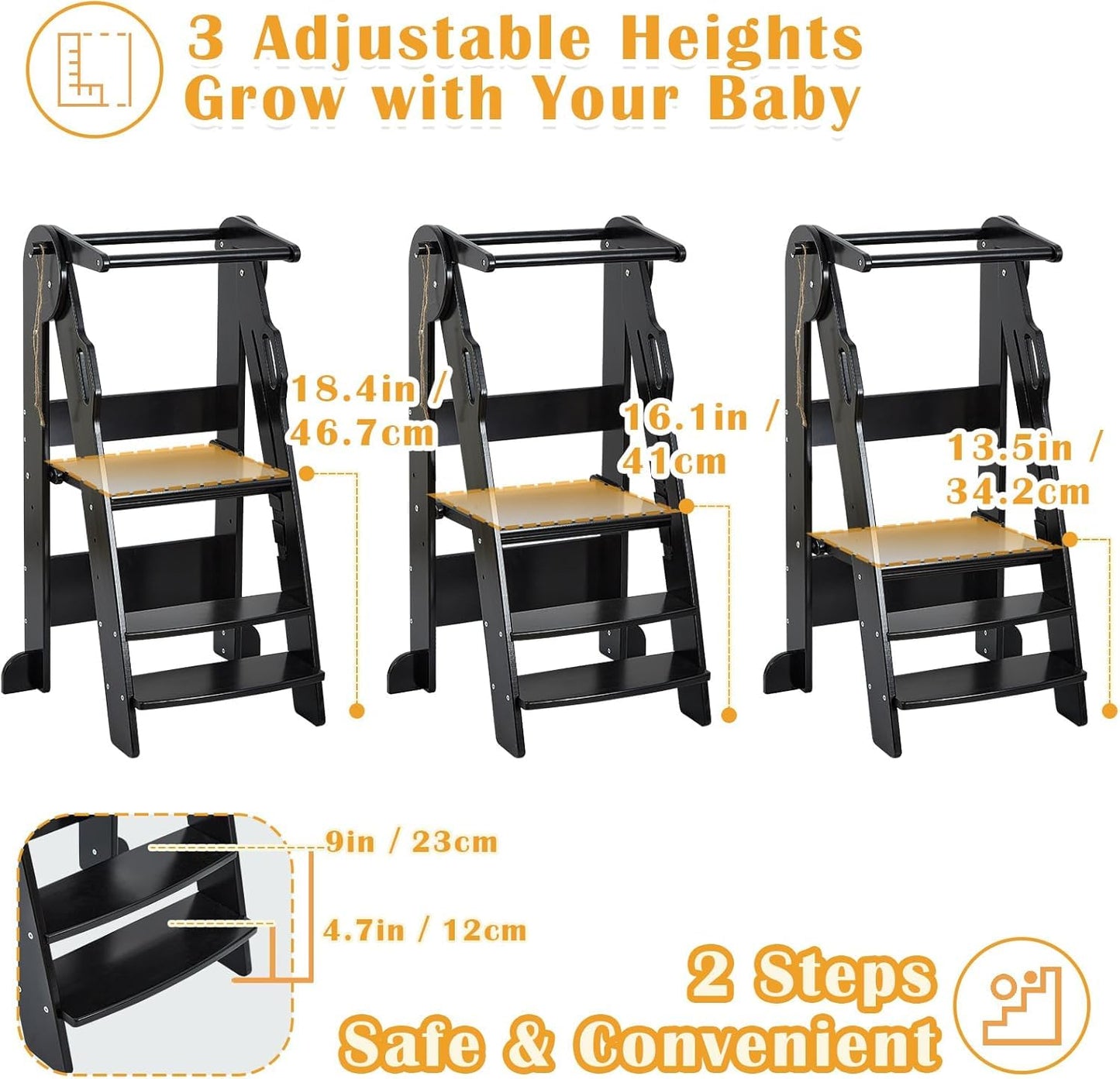 FUNLIO 3-Level Height Adjustable Kitchen Step Stool, Foldable Toddler Tower for Kids 2-6 Years, Montessori Child Standing Tower, CPC & CE, Easy to Assemble, Black