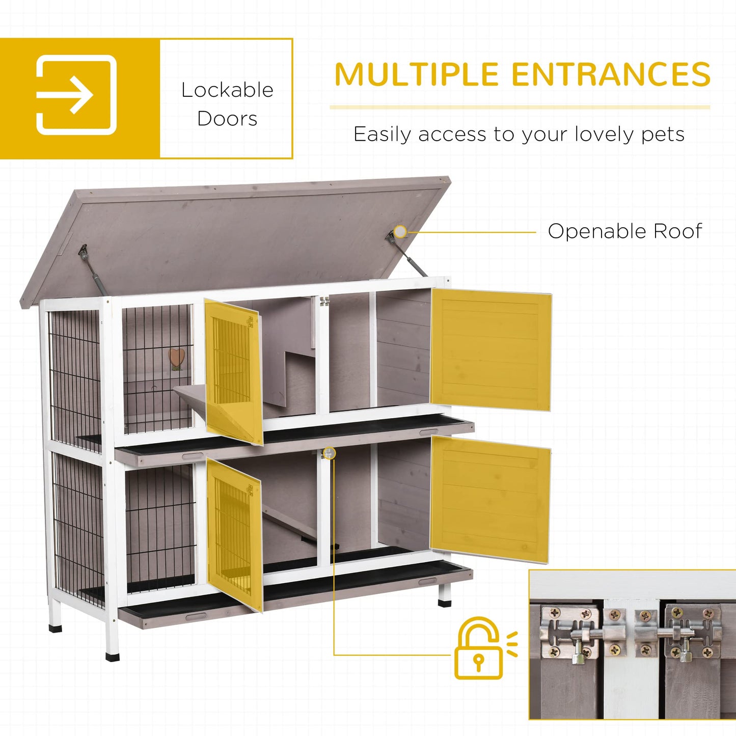 PawHut Indoor or Outdoor Rabbit Hutch with Quick on-The-Go Feeding, Wood Rabbit Cage, Long Hopping Distance, Medium Rabbit Hutch, 4 Door, No Leak Tray, Grey Brown