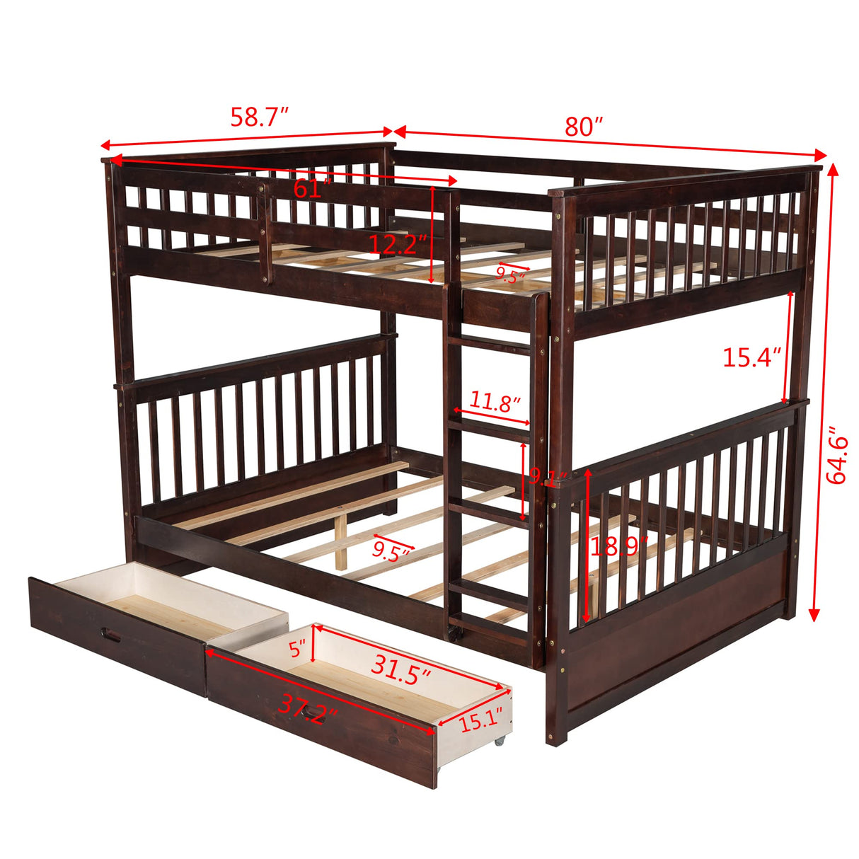 Harper & Bright Designs Full Over Full Bunk Bed with 2 Drawers, Solid Wood Platform Bed with Ladder, Full Length Guardrail and Headboard, No Spring Box Needed, Espresso Harper & Bright Designs