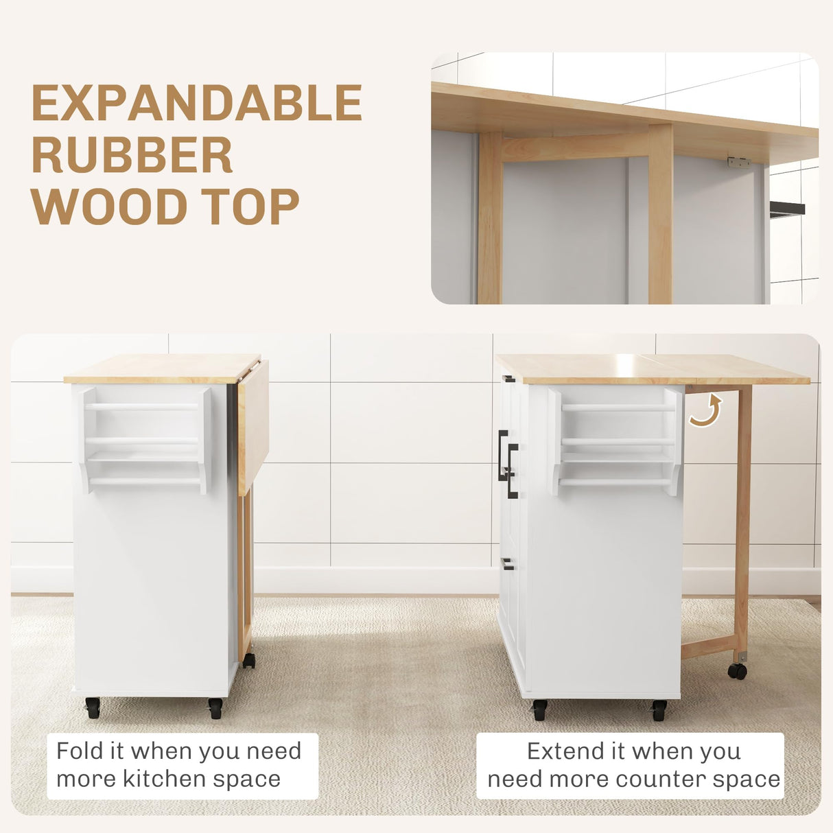 HOMCOM Kitchen Island with Storage, Rolling Kitchen Cart on Wheels with Drop Leaf Top, 3 Drawers, 2 Cabinets, 2 Adjustable Shelves, Spice Rack and Towel Rack, White HOMCOM