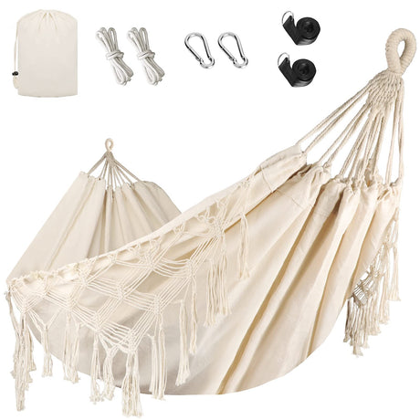 Bellzacasa Double Hammock, Heavy Duty 500 lb Load Capacity Tassels and Fishtail Knitting with Mounting Straps for Outdoor Camping Patio Balcony Beige Bellzacasa