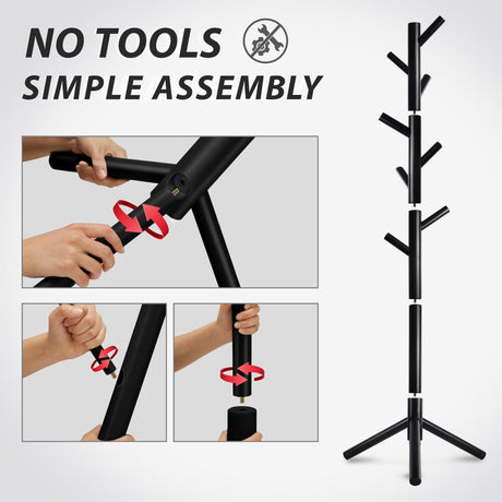 Unisakey Durable Wooden Coat Rack Stand(New Black), Freestanding Coat Rack with Stable Triangular Base, 8 Hooks & 3 Adjustable Heights, Simple Assembly for Bedroom, Hallway, Office Unisakey
