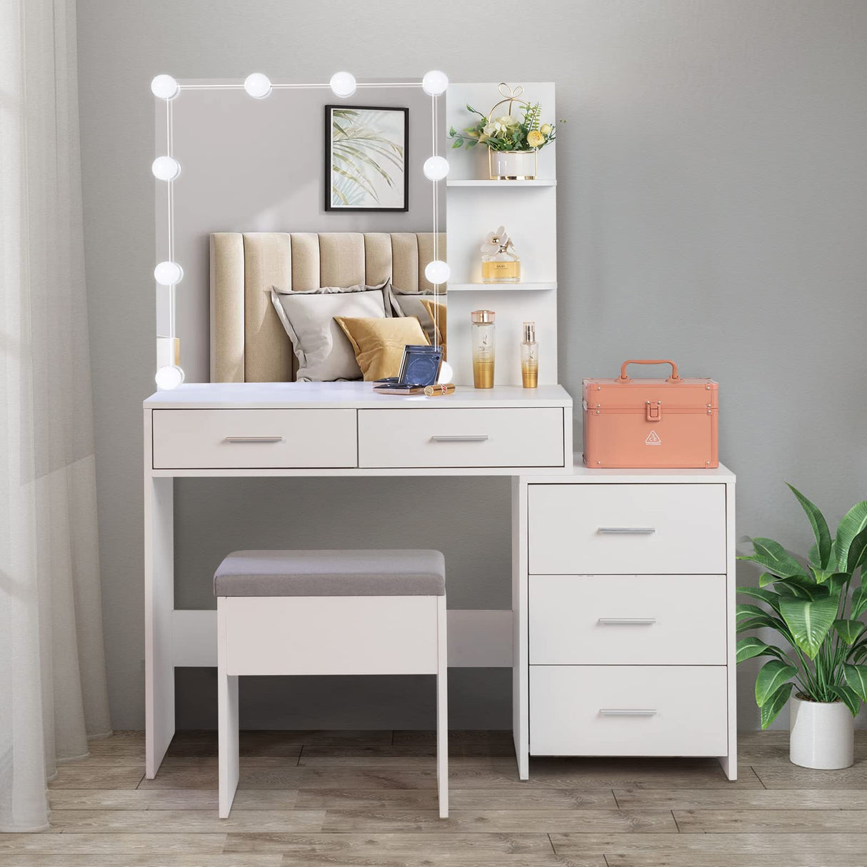 Karl home Lighted Vanity Desk with Sliding Mirror White Makeup Table with 5 Drawers, Storage Shelves, Cushioned Stool, LED Dressing Table Set for Women Karl home