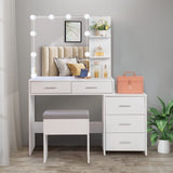 Karl home Lighted Vanity Desk with Sliding Mirror White Makeup Table with 5 Drawers, Storage Shelves, Cushioned Stool, LED Dressing Table Set for Women Karl home