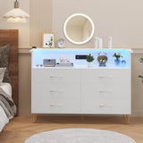 Patikuin White Dresser for Bedroom with LED Light & Charging Station, 6 Drawers Wooden Dressers with Open Space, Modern Chest of Double Wide Drawers for Living Room, Entryway, Hallway TV Stand Patikuin