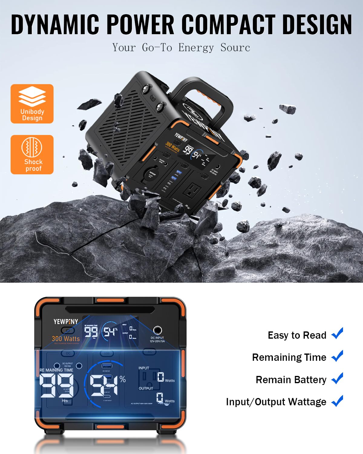 YEWPINY EM300 Portable Solar Power Station, 259Wh LiFePO4 Battery, 65W USB-C PD Fast Charging, 600W Peak, AC/DC/USB-A Outputs for Camping, Home, and Emergency Use yewpiny