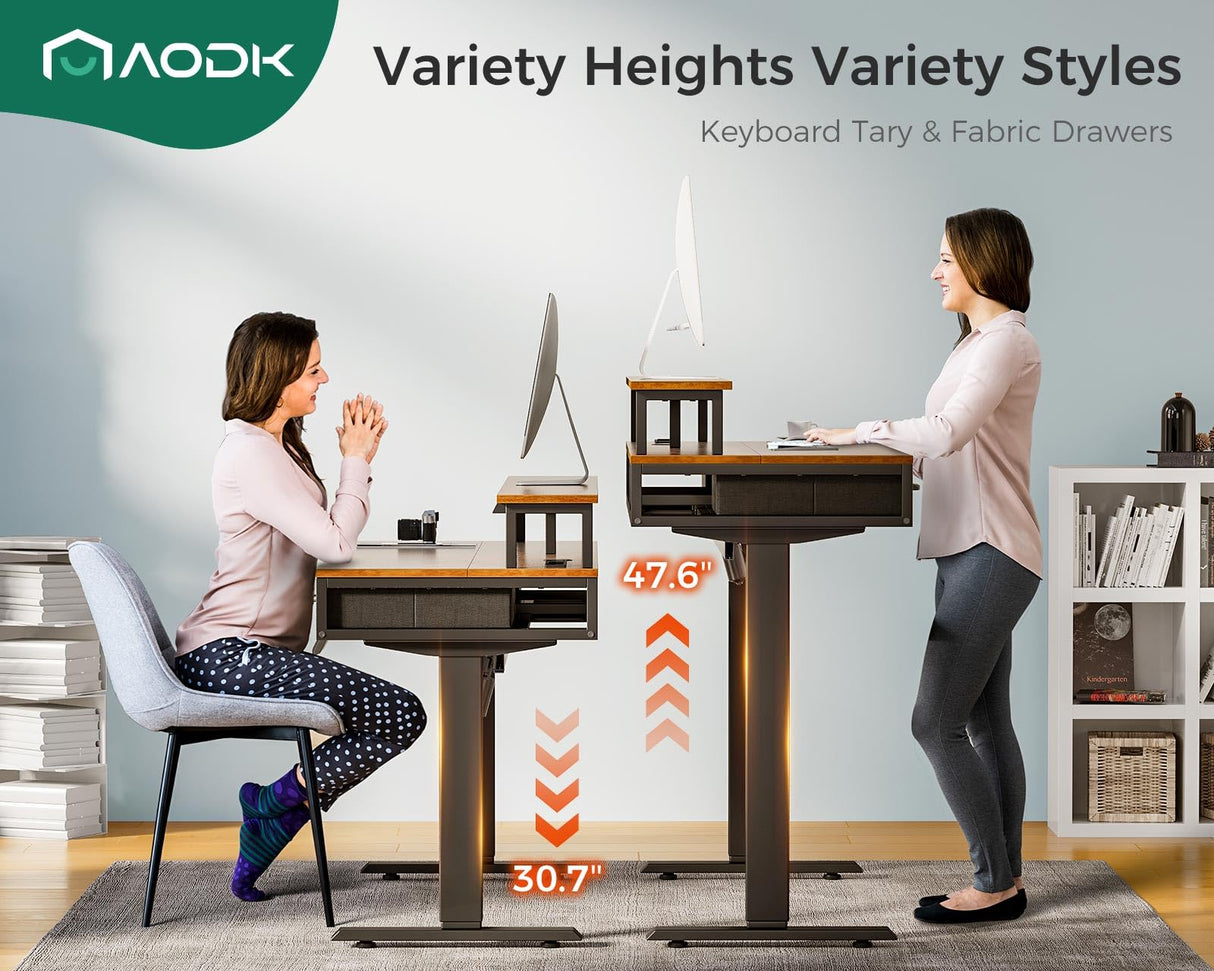 AODK Electric Standing Desk with 2 Drawers & Keyboard Tray and USB & LED Lights, 47inch Rustic Brown, Height Adjustable Desk with Power Outlets & LED Lights, Stand Up Desk with Monitor Shelf AODK