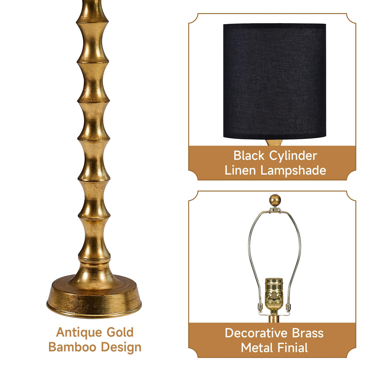 EUO 30.5" Gold Buffet Lamps Set of 2 with Black Shade, Buffet Table Lamps Set of 2 for Living Room, Black Gold Lamps for Dining Room, Gold Bamboo Lamps for Credenza, Black/Gold EUO