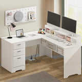 White L Shaped Desk with 3 Drawers, 60 inch White Executive Desk with Drawers and Power Outlet, White L Shaped Desk with File Cabinet, Corner Computer Desk with Moveable Hutch for Bedroom MaverickFurni