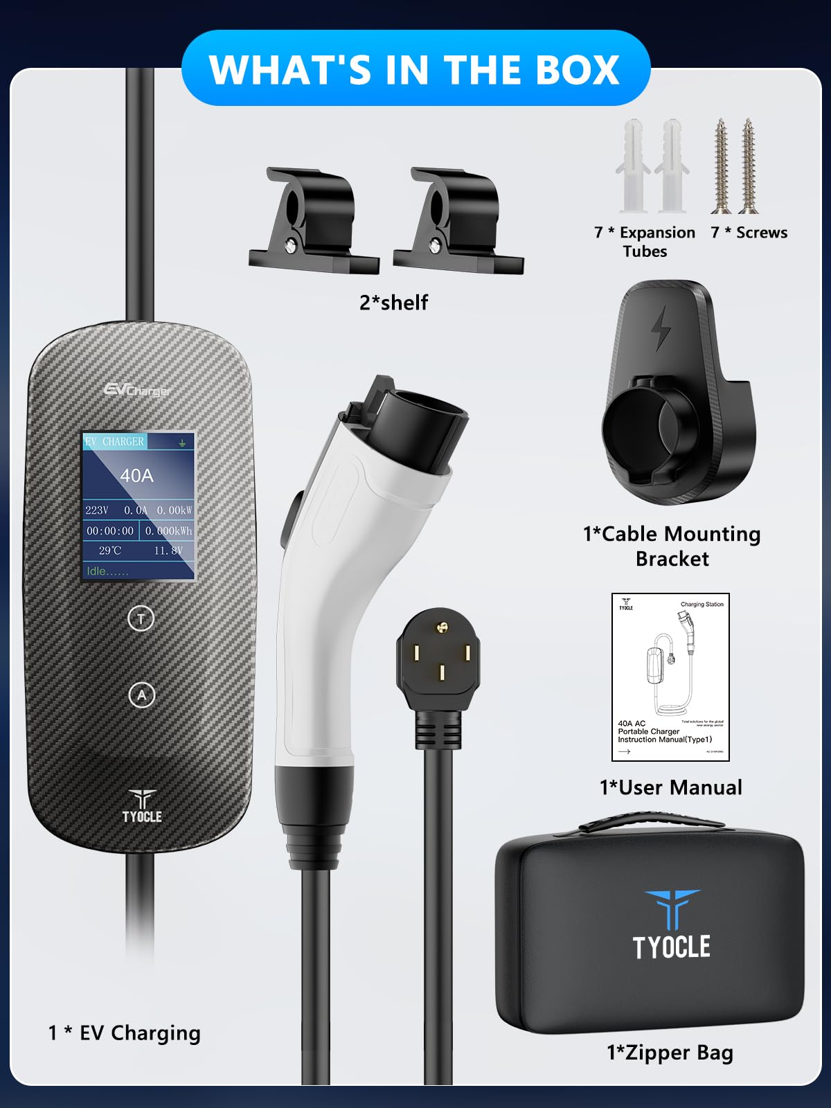 2025 New Portable Level 2 EV Charger (40Amp, 240V, NEMA 14-50P) with 23 Ft Cable. The Mobile Electric Vehicle Equipment Works Home Car Charging, Offering Charging for EV Model Tyocle