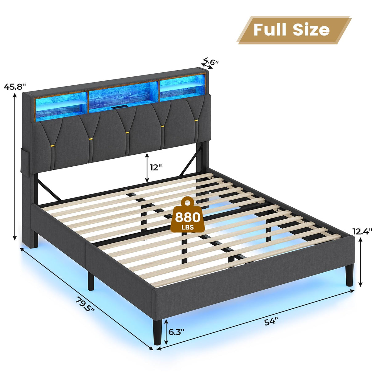 BTHFST Full Size Bed Frame with Outlets and USB Ports, Full Bed Frame with LED Lights, Upholstered Platform LED Bed Frame with Storage Shelf Headboard, No Box Spring Needed, Dark Grey BTHFST