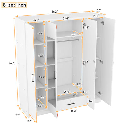 Quarte Modern 4-Door Wardrobe with Drawers, Dressing Mirror and Hanging Rail, Freestanding Armoire Wardrobe Closet,Clothes Storage Cabinet Organizer - WoodArtSupply