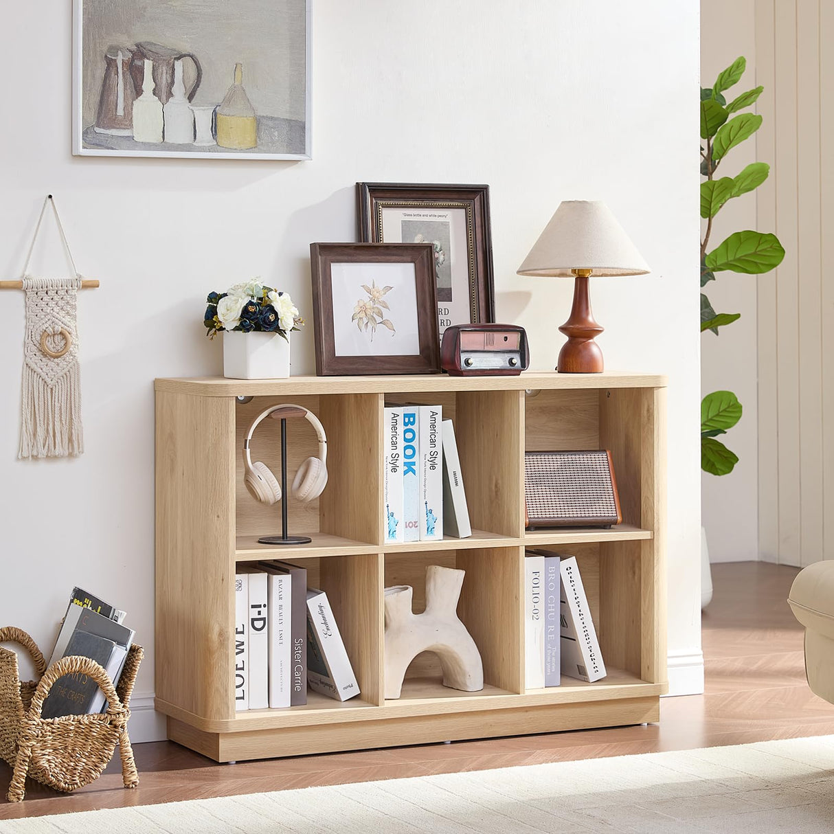 Joaxswe 6 Cube Storage Book Shelf, 40" Wide Low Horizontal Bookcase with Curved Edge, Floor Standing 2-Tier Wooden Bookshelf with Base, Modern Short Book Case for Bedroom, Study, Entryway, Natural Oak Joaxswe