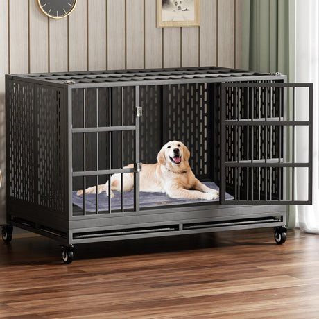 Snuowu 48 Inch Heavy Duty Dog Crate with Wheels, Folding Metal Big Dog Cage for Large and Medium Dogs, Extra Large XL XXL Indestructible Dog Crate with Removable Tray. Snuowu