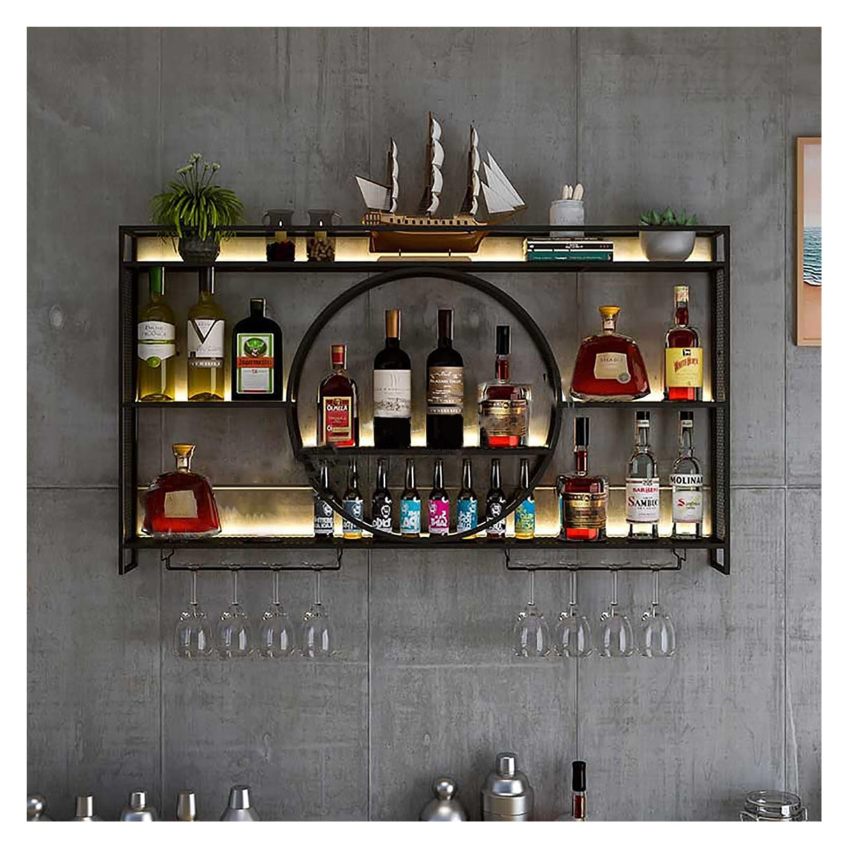 Wine Rack Wall Mounted 3 Tier Metal, Floating Shelves For Kitchen With LED Light, Hanging Floating Bar Liquor Bottles Bar Wall Shelves, Liquor Bar Display Shelf, For Home Bars Kitchen(Black,100x80x15c Qxgylz