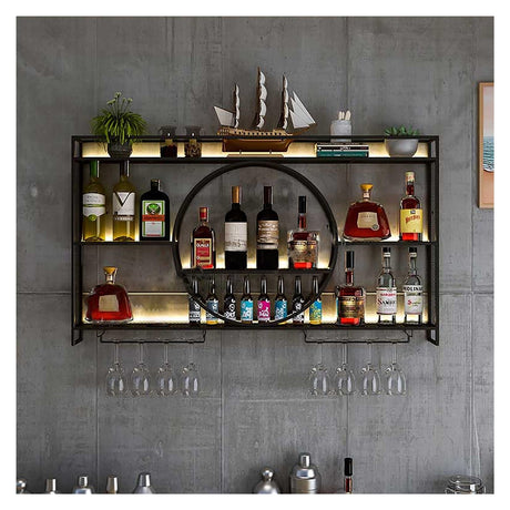 Wine Rack Wall Mounted 3 Tier Metal, Floating Shelves For Kitchen With LED Light, Hanging Floating Bar Liquor Bottles Bar Wall Shelves, Liquor Bar Display Shelf, For Home Bars Kitchen(Black,100x80x15c Qxgylz