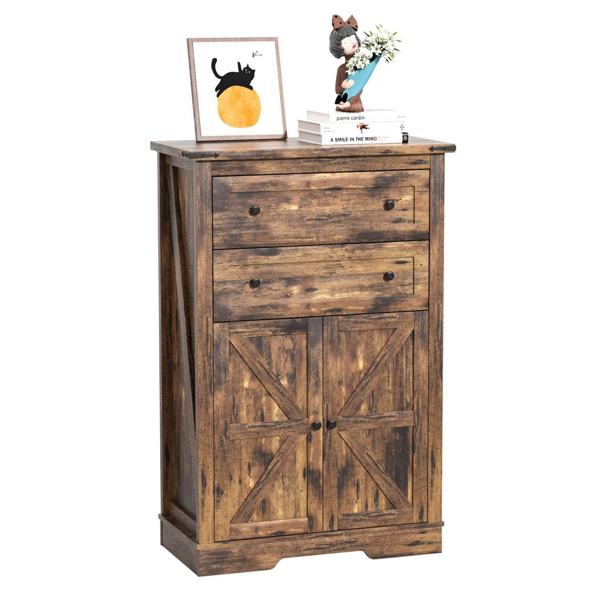 oneinmil Farmhouse Dresser with 2 Drawers, Tall Chest of Drawers Organizer, Rustic Tall Dresser 2 Chest of Drawers, Storage Organizer Dresser for Bedroom, Hallway, Living Room, Kids Room, Brown oneinmil