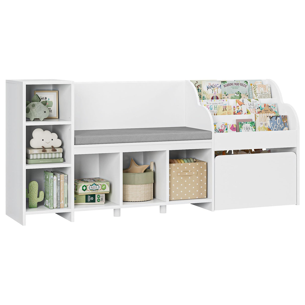 HOSTACK 67" Kids Reading Nook with Bench, Kids Bookshelf and Bookcase with Seat Cushion and 6 Storage Cubbies, Toy Storage Box on Wheels, Toy Chest for Playroom, Bedroom, School, White HOSTACK