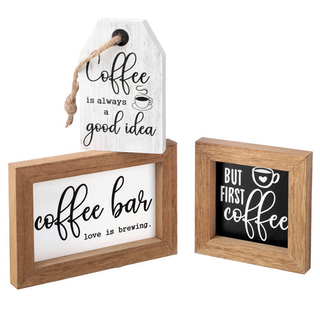 3 Pieces Coffee Bar Decor Sign Mini Coffee Bar Sign Farmhouse Coffee Accessories But First Coffee Wood Sign Rustic Wood Coffee Table Sign Vintage Kitchen Wood Plaque for Tier Tray Decor(Coffee) Jetec