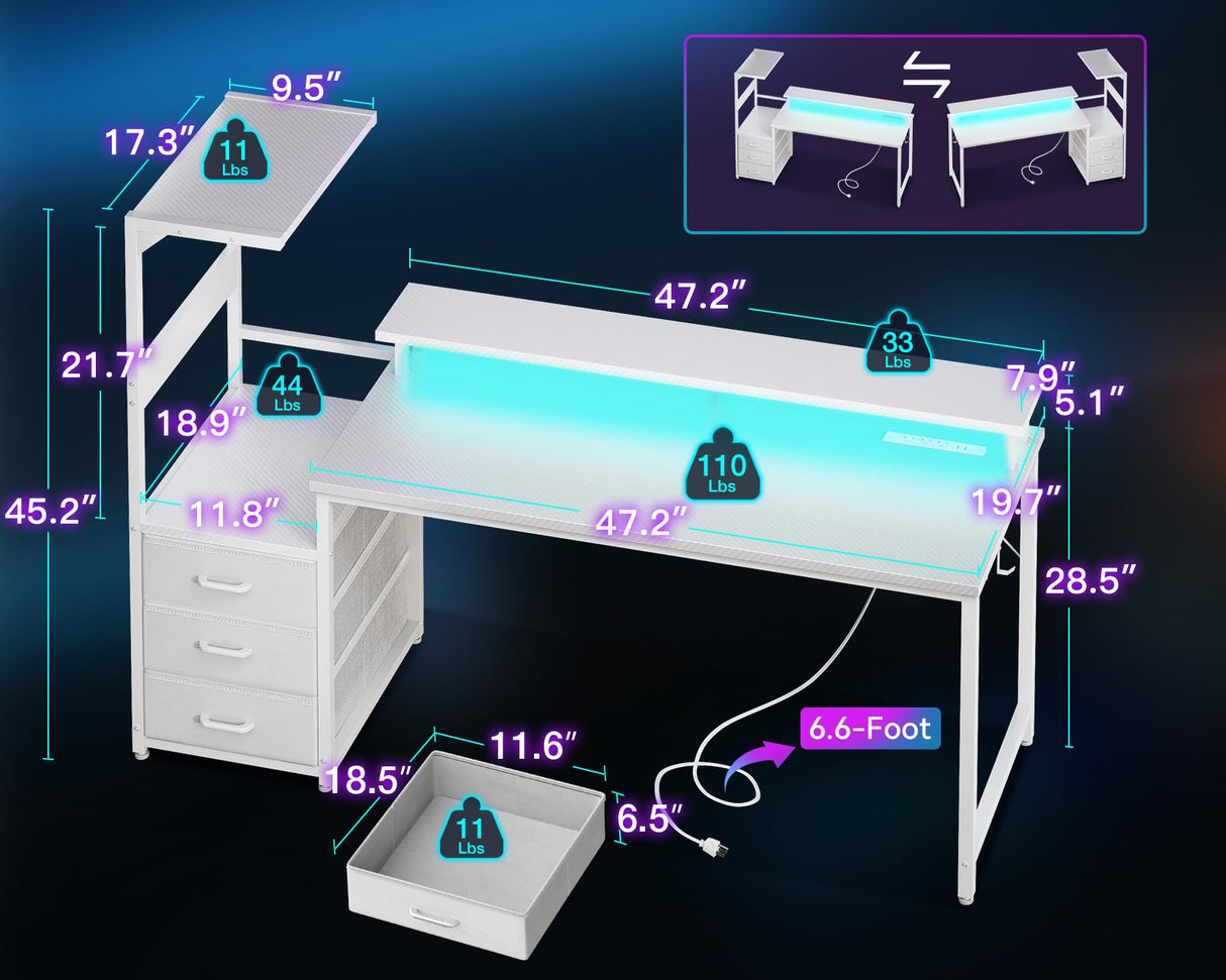 AODK 59 Inch Gaming Desk with USB Charging Ports & LED Light- Reversible Computer Desk with Storage Shelves & Monitor Stand, Modern Gamer Desk Table with Fabric Drawers & Side Hook, Carbon Fiber White AODK