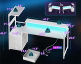 AODK 59 Inch Gaming Desk with USB Charging Ports & LED Light- Reversible Computer Desk with Storage Shelves & Monitor Stand, Modern Gamer Desk Table with Fabric Drawers & Side Hook, Carbon Fiber White AODK