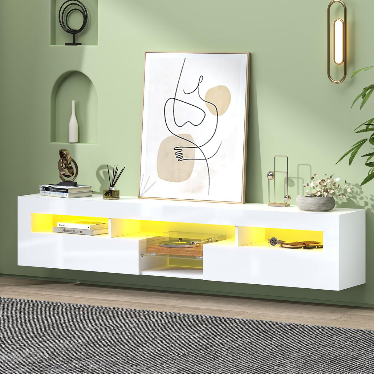 SIKHST Floating LED TV Stand for 85 Inch TV with Glass Shelves and Cabinet, 71 Inch Wall Mounted Modern Entertainment Center Media Console with Storage,White SIKHST