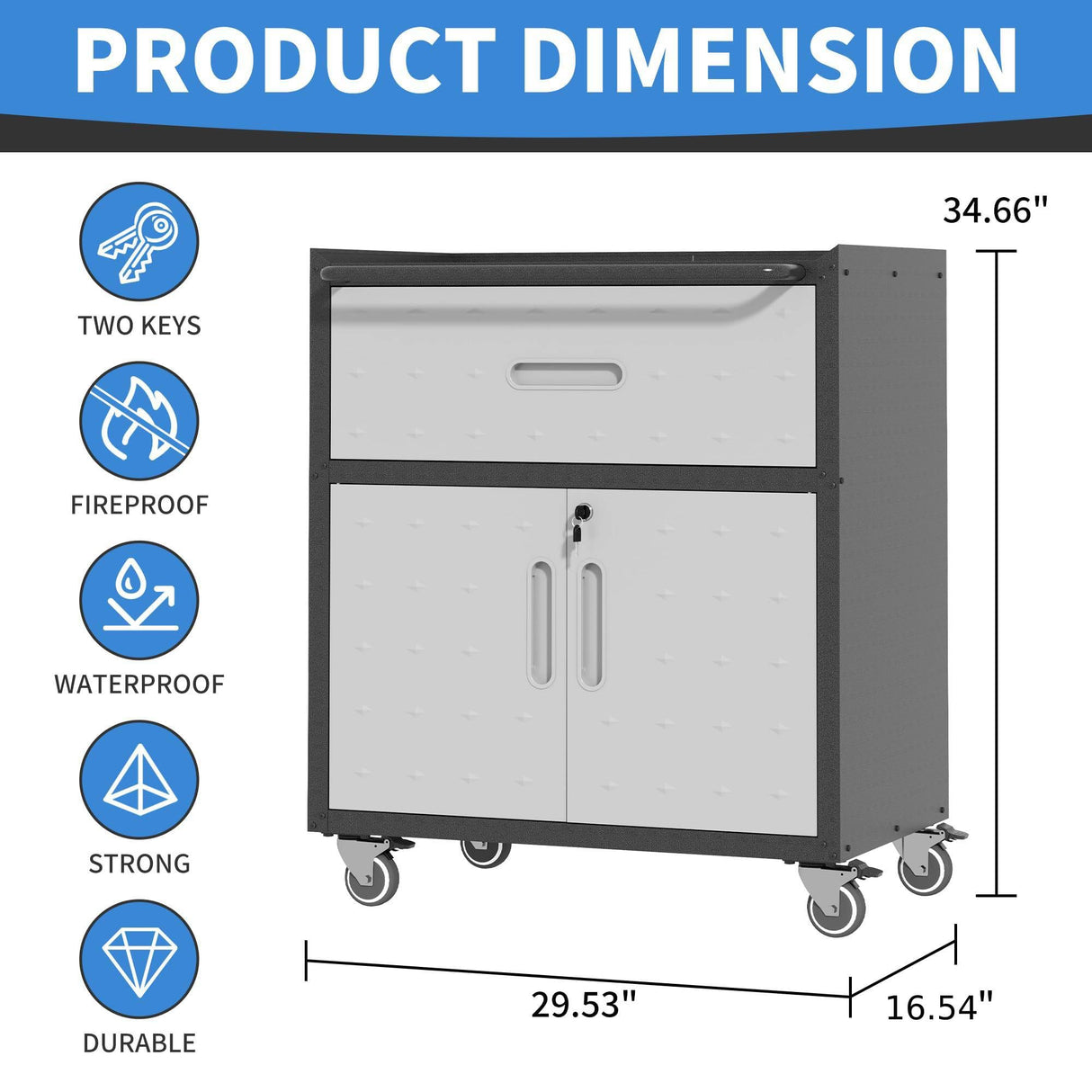 BIZOEIRON Metal Storage Cabinet with Wheels, Rolling Tool Cabinet with Adjustable Shelve, Locking Garage Storage Cabinet with 1 Drawer and 2 Doors for Tools, Assembly Required (Black/Grey) BIZOEIRON