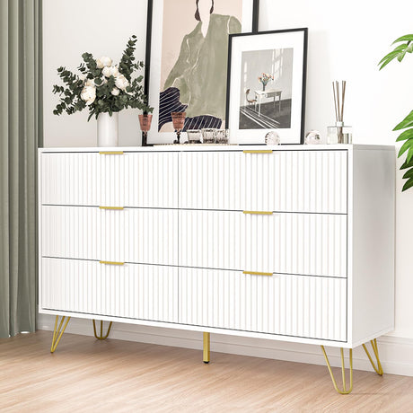 FURNIWAY White Dresser, Modern 6-Drawer Dresser for Bedroom with Gold Handles, Wide Chest of Drawers for Living Room FURNIWAY