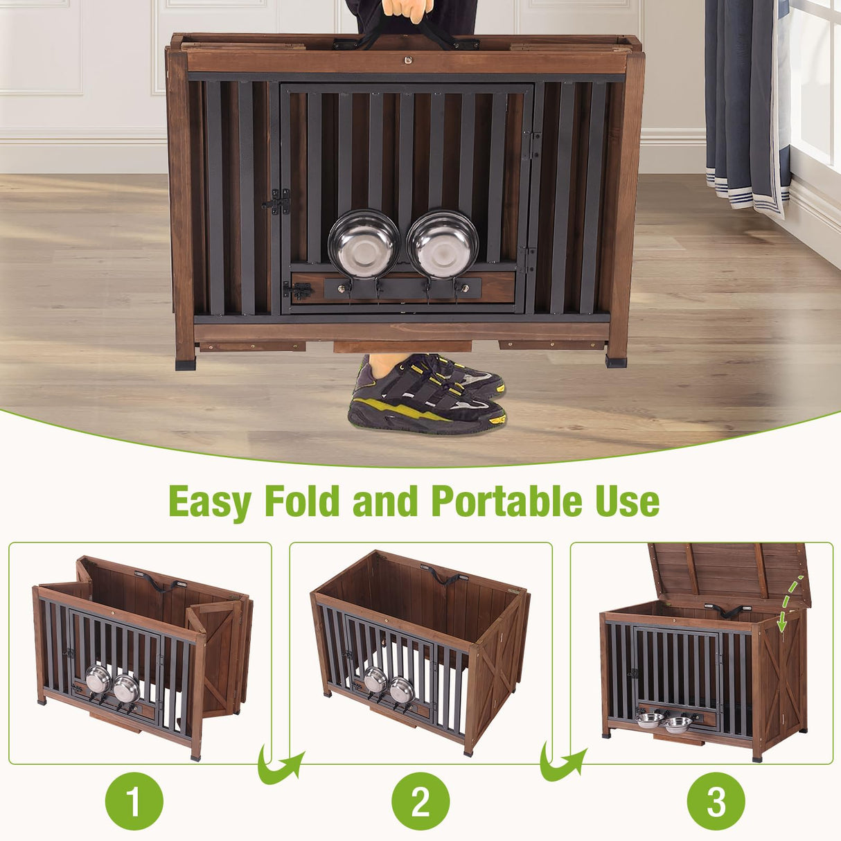 GUTINNEEN Dog Crate Furniture Foldable Dog Kennel for Small Medium Dogs Large Solid Wood Dog House with Bowl Heavy Duty Dog Cage End Table (Dark Brown) GUTINNEEN