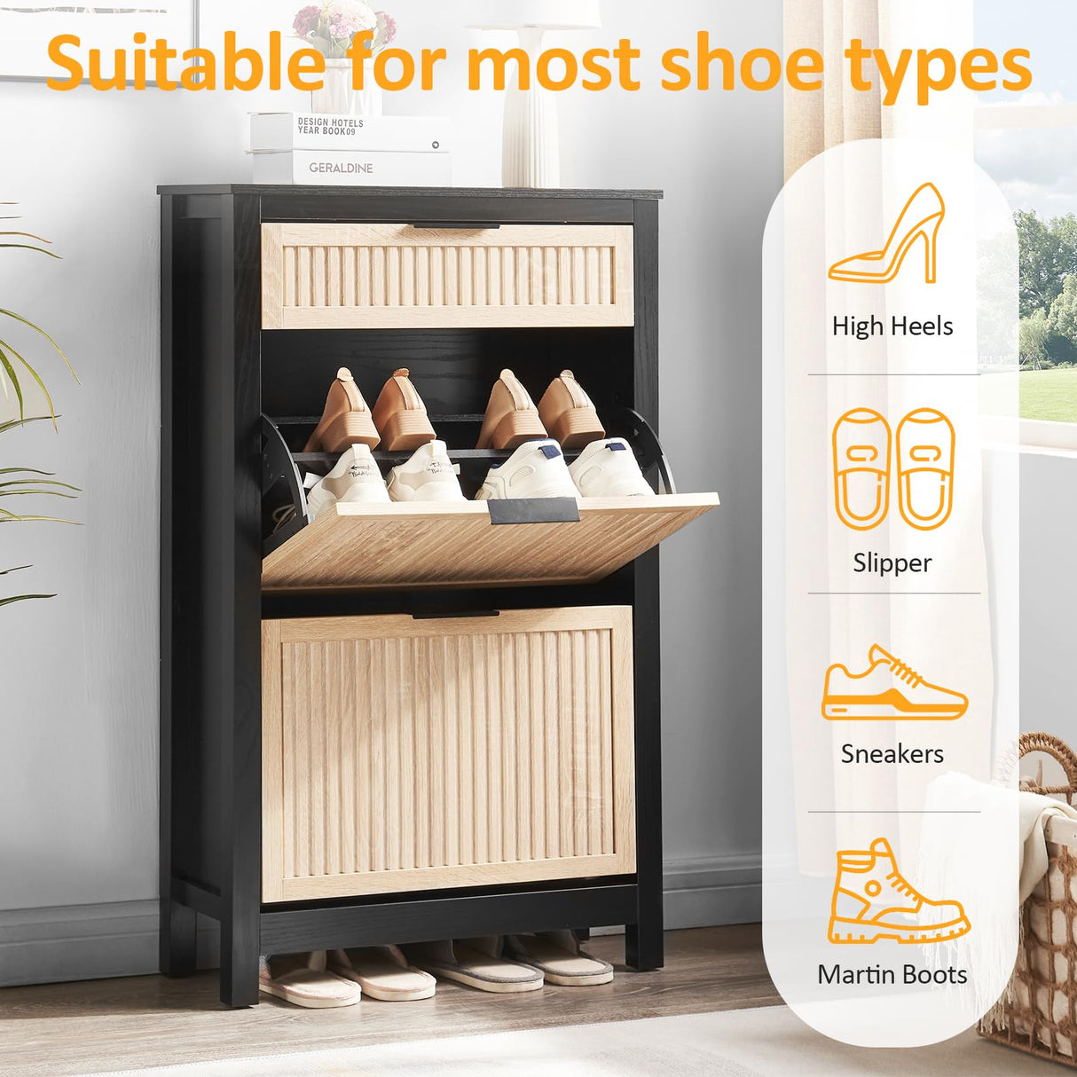 HUSHEDIFY 2 Flip Drawers Shoe Cabinet Storage for Entryway, Narrow Shoes Organizer Cabinet for Front Door Entrance, Free Standing Hidden Wooden Hallway Shoe Rack(Oak&Black) HUSHEDIFY