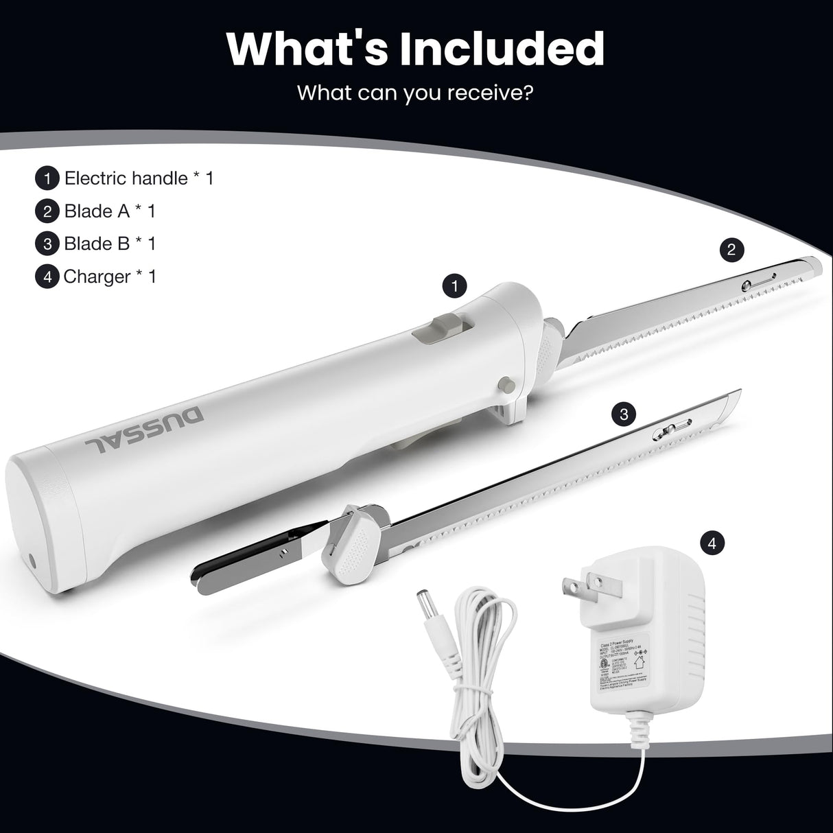 DUSSAL Cordless Electric Knife Rechargeable, Electric Carving Knife, 4 Stainless Steel Blades, Safety Lock Switch, Blade Release Buttons, Carving Meats, Poultry, Bread, Cheese & More (White) D DUSSAL