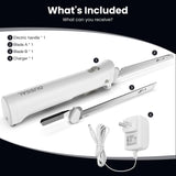 DUSSAL Cordless Electric Knife Rechargeable, Electric Carving Knife, 4 Stainless Steel Blades, Safety Lock Switch, Blade Release Buttons, Carving Meats, Poultry, Bread, Cheese & More (White) D DUSSAL