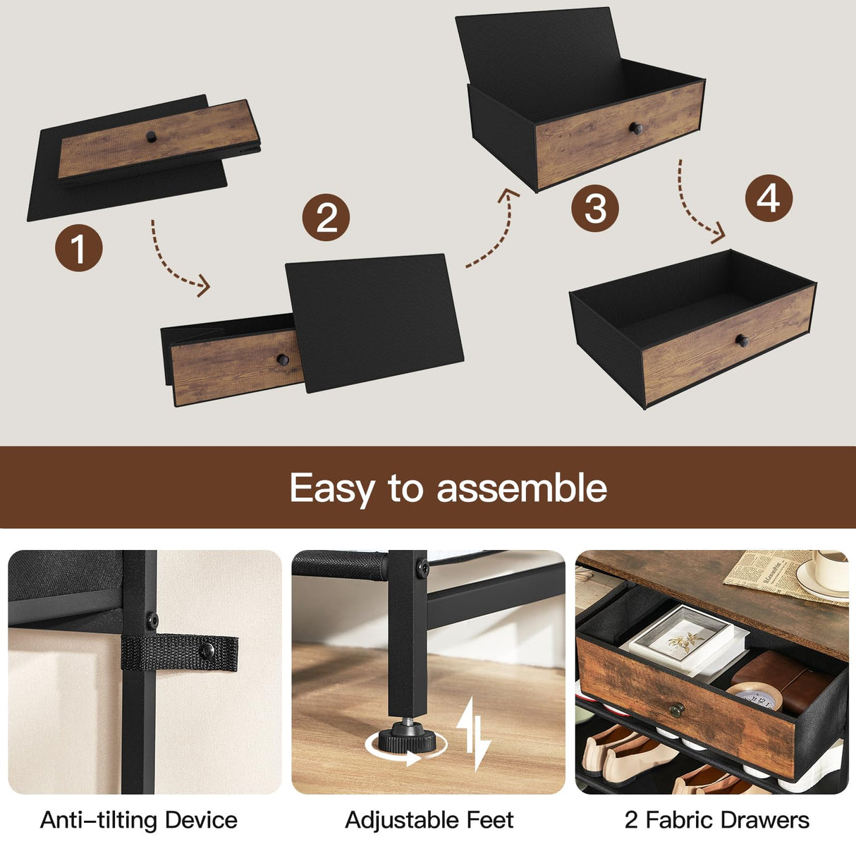 usikey Shoe Rack, 4 Tier Shoe Storage Organizer with 2 Drawers, Metal Shoe Shelf for 12-15 Pairs of Shoes, with 3 Fabric Shelves and Wooden Top, Shoe Stand for Closet Entryway, Rustic Brown usikey