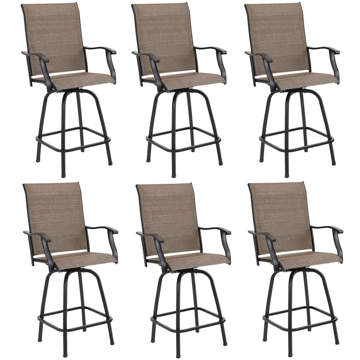 PHI VILLA Outoor Swivel Bar Stools Set of 6 with Armrest and Backrest, 30" Seat Height High Top Bar Height Patio Chairs, Brown Textilene Fabric PHI VILLA