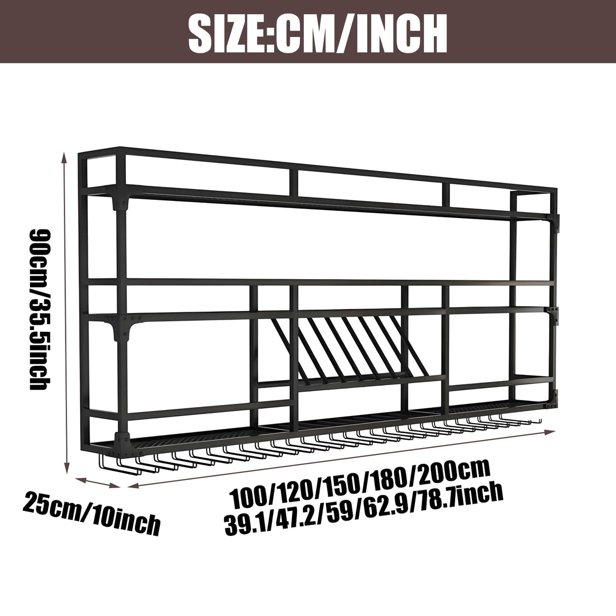 47.2in Wall Mounted Wine Rack, Wine Rack Wall Mounted With Wine Glass Rack, Metal Bar Bottle Display Shelf Wine Cups Hanging Holder, For Home Bar Cafe Dining Room Decoration (BLACK, 47.2*10*35.5inch) amhricho