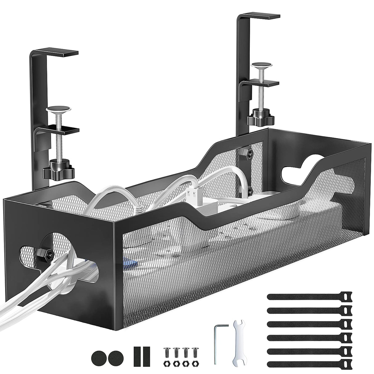 Under Desk Cable Management Tray No Drill, Metal Mesh Cable Management Under Desk with Clamp Mount, 2 Hole Cable Tray with Wire Management and Cord Organizer for Home Office Standing Desk Litwaro