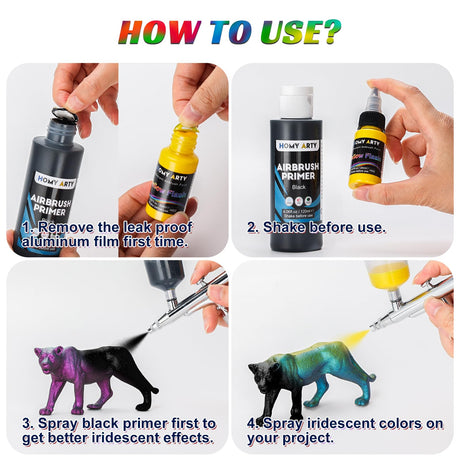 HOMY ARTY Iridescent Airbrush Paint - 30 Colors with 4.05 fl oz Thinner and 4.05 fl oz Primer, Ready to Spray Acrylic Airbrush Paints, Water-Based Iridescent Air Brush Colors for Plastic Model, Canvas HOMY ARTY