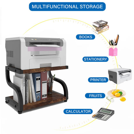 PUNCIA 2 Tiers Small Retro Wood Home Office Desktop Printer Stand Laser Printer Copier Stand with Storage Rustic Tabletop Heavy Duty Organizer Rack Shelf Desk Dual for Small Space Double Tiers Tray PUNCIA