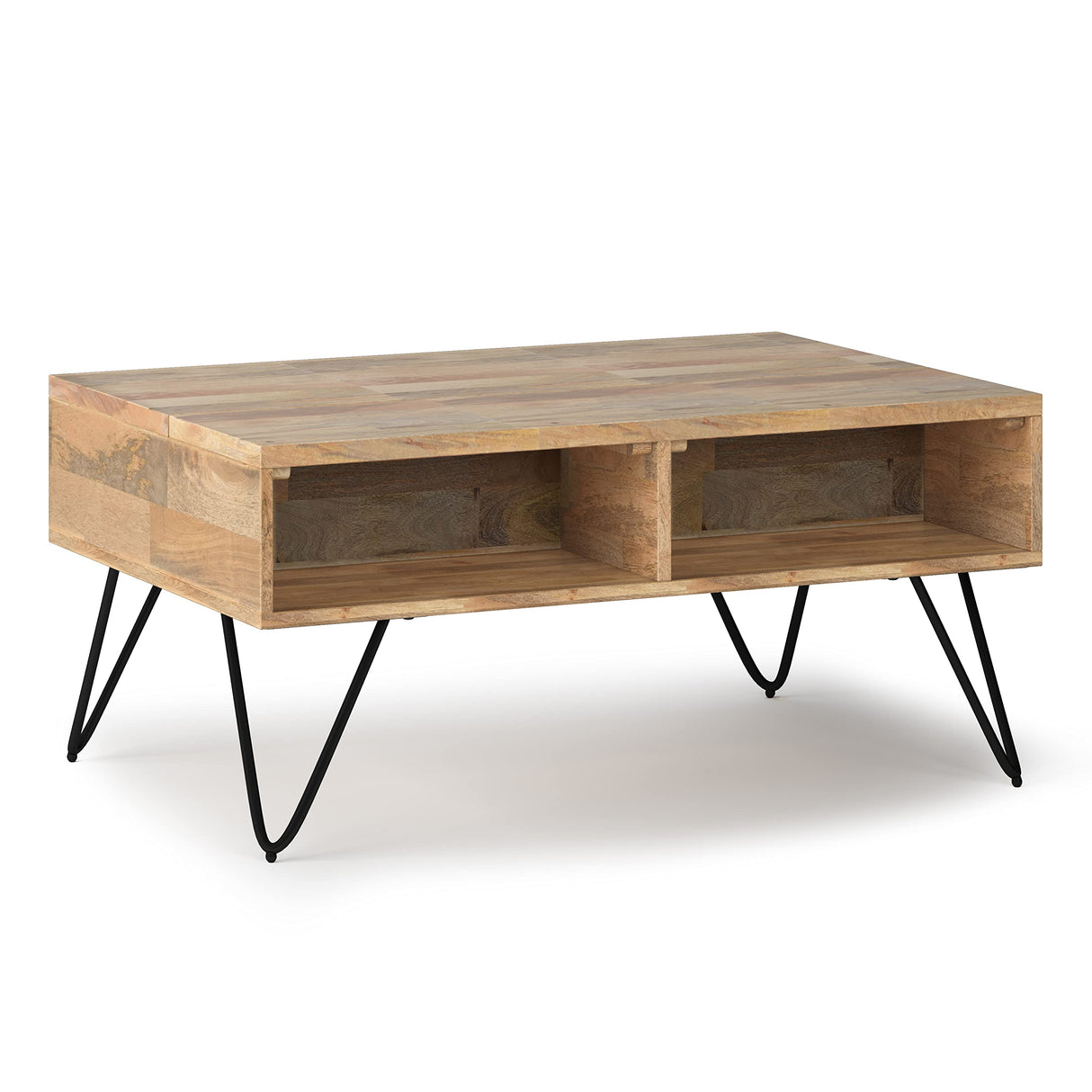 SIMPLIHOME Hunter Small Lift Top Coffee Table - 36 inch Wide Solid Mango Wood and Metal Industrial Cocktail Table in Natural, Living Room Table with Hidden Storage, 2 Cubbies, and Hairpin Legs SIMPLIHOME