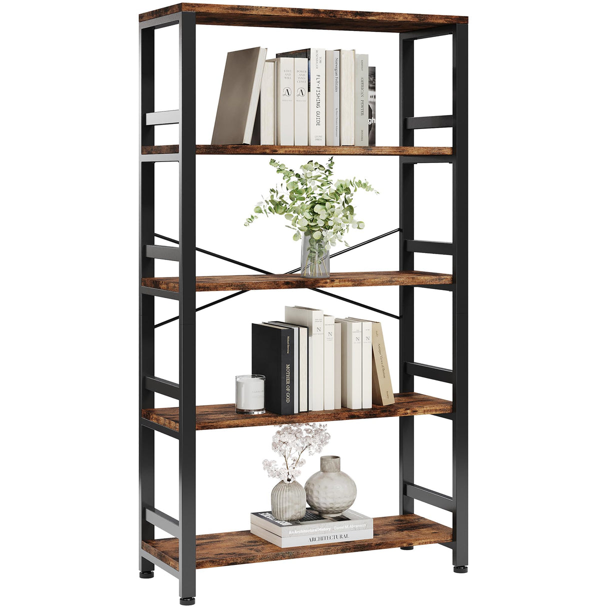 IRONCK Bookshelves and Bookcases, 31.5in Wide Shelf 5-Tier Ladder Shelf 110lbs/shelf Vintage Industrial Style Bookcase for Bedroom Living Room Home, Vintage Brown IRONCK