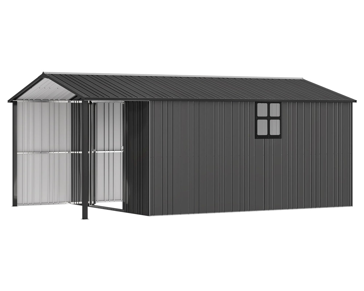 AMERLIFE 10x16.6x7.3 FT Metal Storage Shed with Lounge Area, Sliding Doors, 2 4-Pane Windows & Vents, Outdoor Tool Shed for Garden & Backyard, Heavy-Duty Weather-Resistant Steel, Dark Gray AMERLIFE