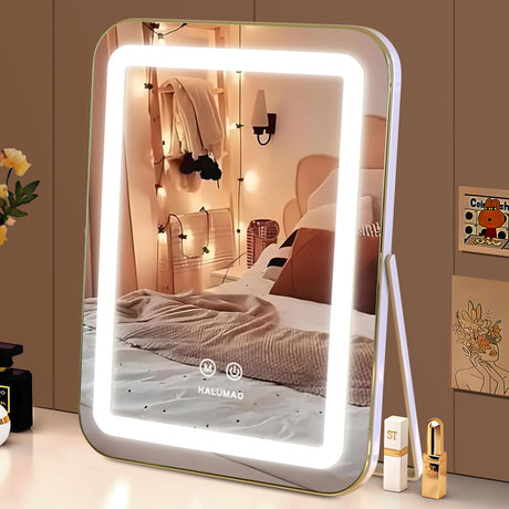 halumao Vanity Mirror with Lights, 14.6" Light Up Makeup Mirror, LED Makeup Mirror with Lights for Bedroom Tabletop, Smart Touch Control 3 Colors Dimmable, 360° Rotation halumao