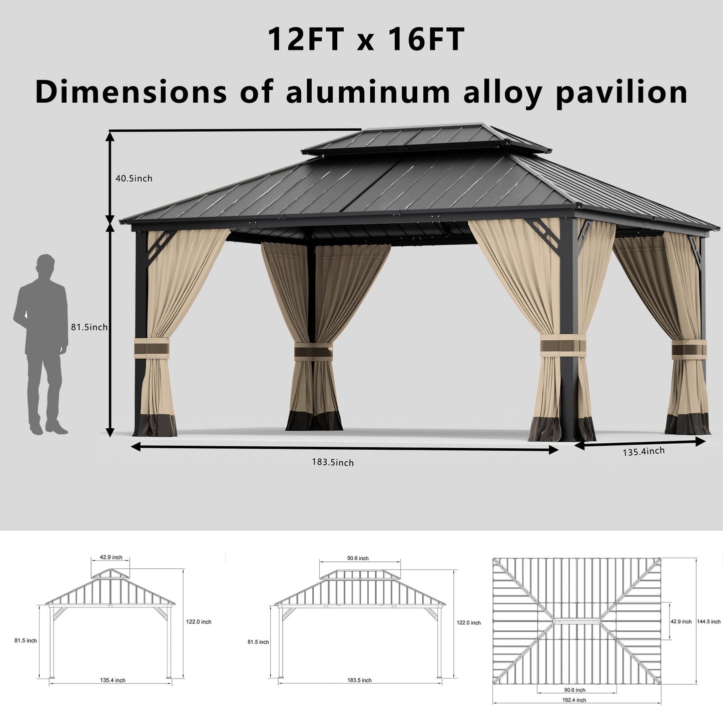 ASJMR 12x16ft Hardtop Gazebo Double Roof, Outdoor Pavilion with 2-Layer Hard top Galvanized Iron Frame Garden Tent, Suitable for courtyards, backyards, Decks, and Grass