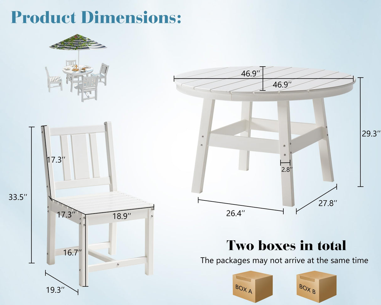 AMERLIFE 5 Piece HDPE Outdoor Dining Table & Chairs Set, All-Weather Patio Furniture with Umbrella Hole for Garden, Backyard, Seaside, White AMERLIFE
